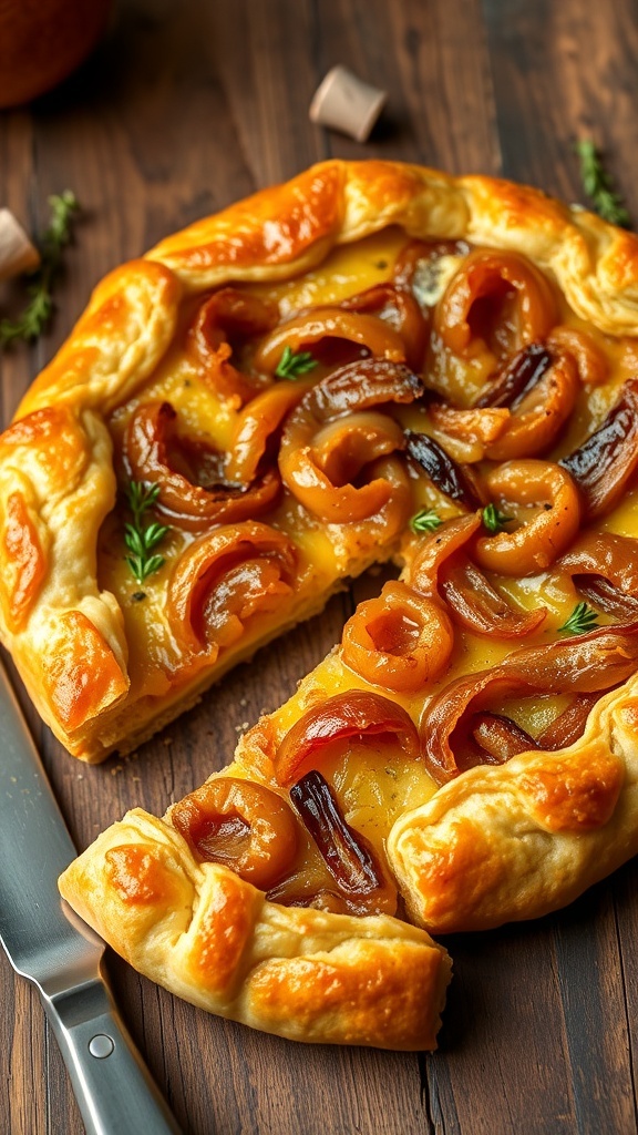 Savory Onion Tart with Puff Pastry A savory onion tart with caramelized onions and cheese on flaky puff pastry, served on a wooden table.